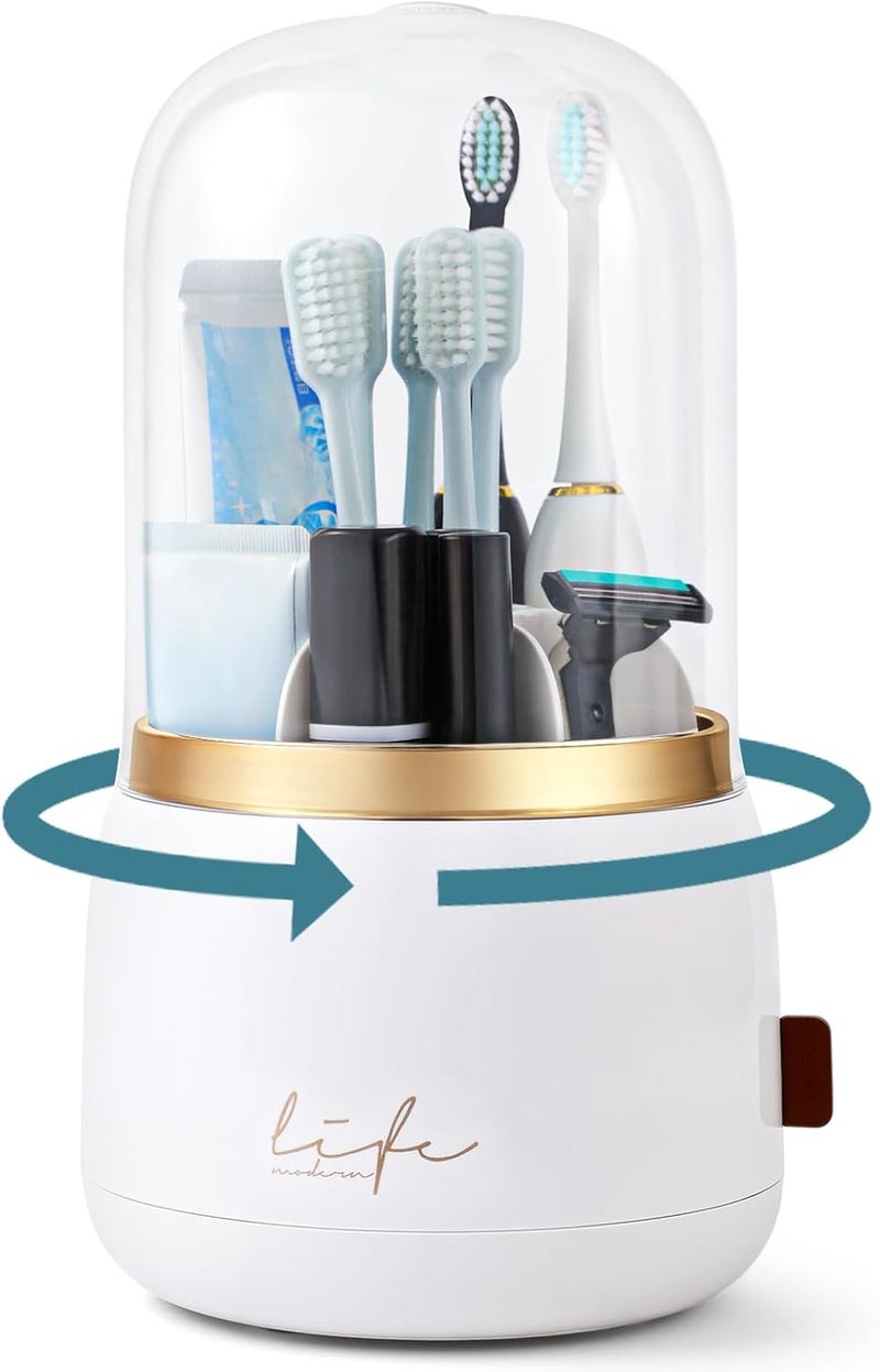 EXIN DECHEN Toothbrush Holders with Cover for Bathrooms, 360° Rotating 7-Slot Draining Water for Placing Kids Electric Toothbrushes,Toothpaste,Razors,Bathroom Counter Dresser Vanity Organizer(White) - Image 1